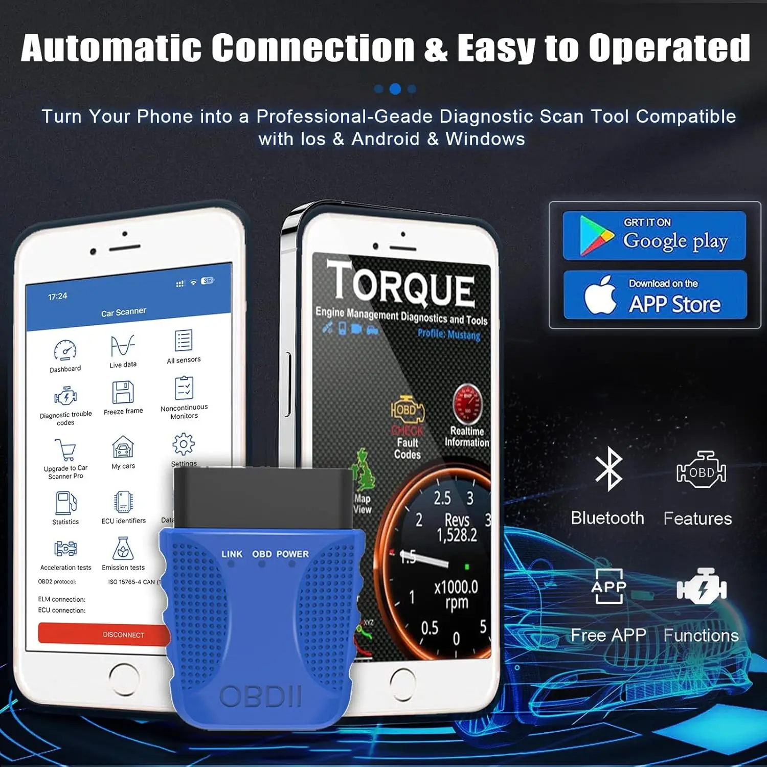 أداة تشخيص السيارة obd2 الماسح الضوئي FA40 Bluetooth 4.0 لنظام التشغيل iOS وAndroid #4