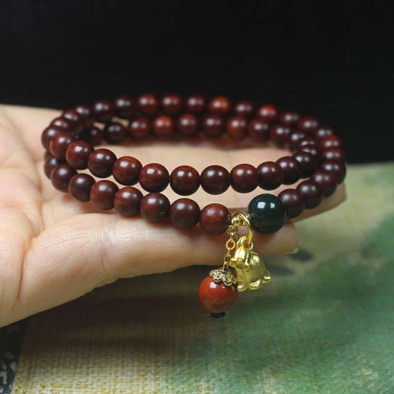 Zambian Rosewood Blood Sandalwood 6mm Double-Loop Bracelet with Lily of the Valley Pendant, Forest Style Prayer Beads 3
