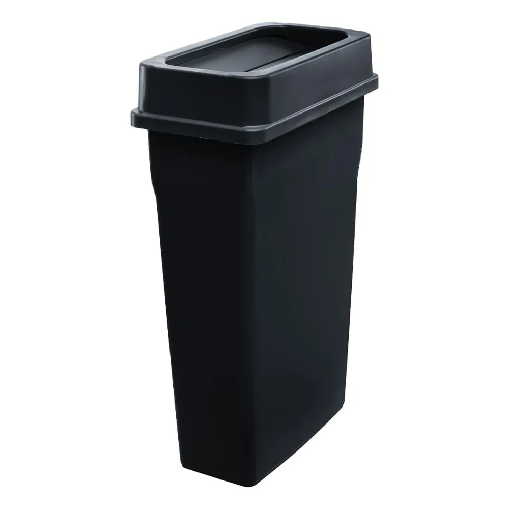 

Commercial Grade 23-Gallon Slim Rectangular Trash Bin with Swing Top Lid in Black
