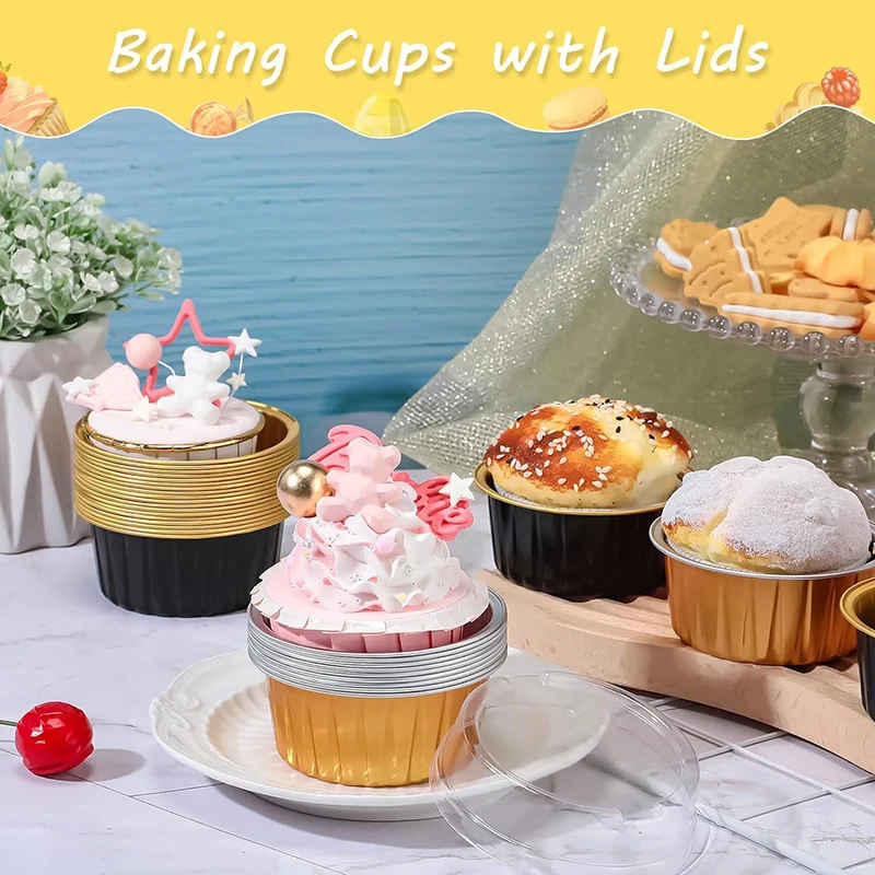 50Pcs Disposable Mini Baking Cups Aluminium Foil Cake Pans With Lids Spoons Heat Resistant Muffin Cake Cup For Gatherings Party