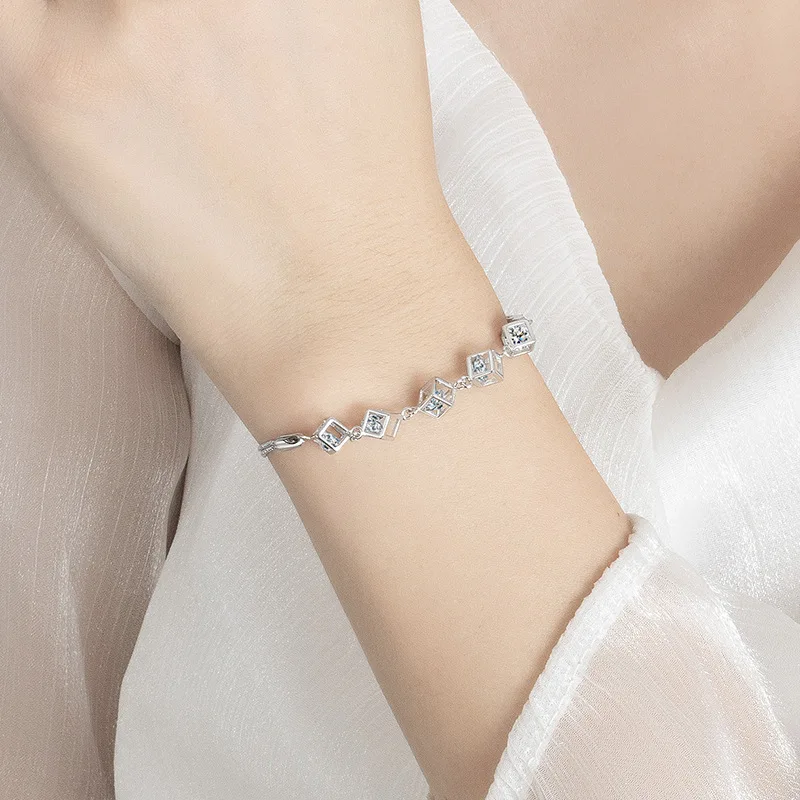 Luxury 925 Sterling Silver Zircon Bracelets for Woman Korean Designer Double Layered Square Geometry Bracelets Original Jewelry