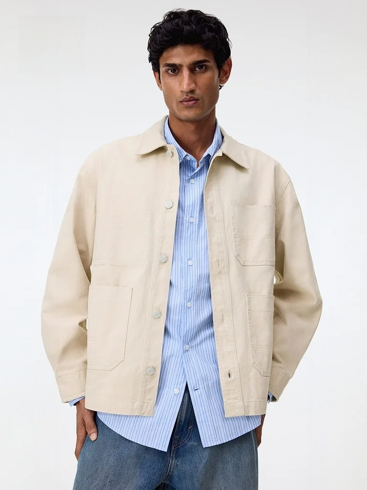 

Loose Fit Men's Jaet HM Spring Turn-down Collar Workwear Sle irt Casual Cotton Long Sve Youth Daily Wear