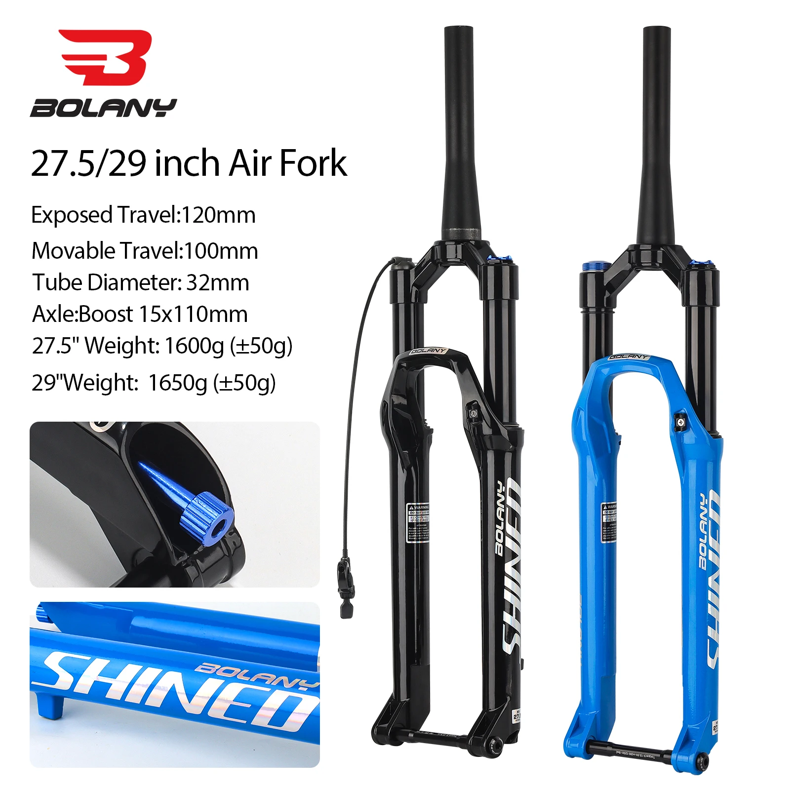 BOLANY MTB Air Fork 26/27.5/29 Inch Tapered Suspension Fork Rebound Adjustable 15x110mm Boost MTB Air Fork Thru Axle Disc Brake