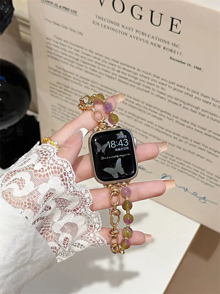 حزام سوار من حجر الكريستال الملون متوافق مع حزام iWatch 38 مم 40 مم 41 مم 42 مم 44 مم 45 مم 49 مم حزام مصنوع يدويًا عصريًا