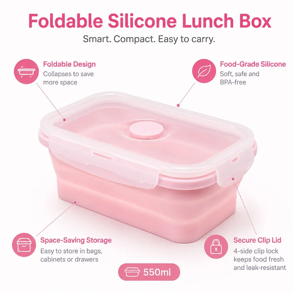 550ml Pink Collapsible Silicone Lunch Box, Portable Food Storage Container with Air Vent Lid for Fridge Travel Meal Prep Use view 4