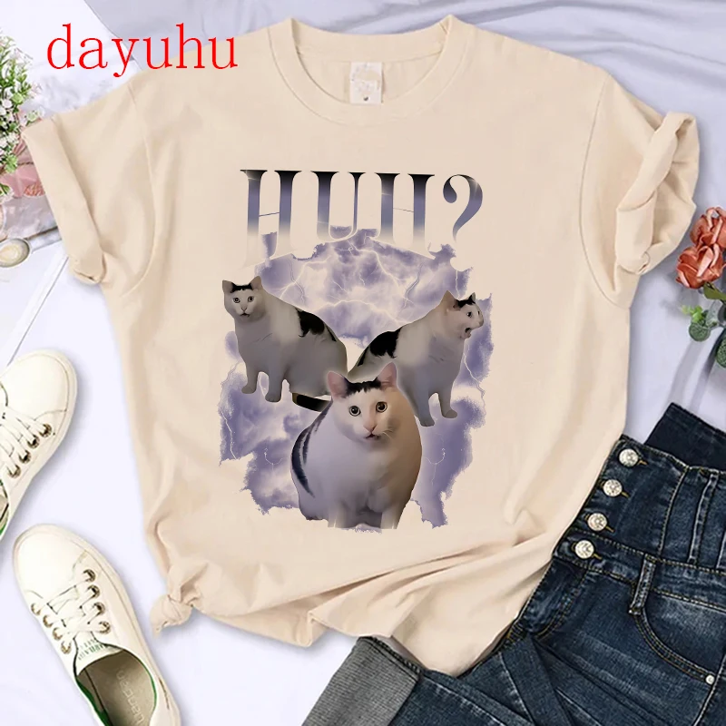 Tshirt Cat Saying Huh? Funny Meme T-shirt Women Breathable Short Sleeve T Shirts Fashion Harajuku Tee Shirt