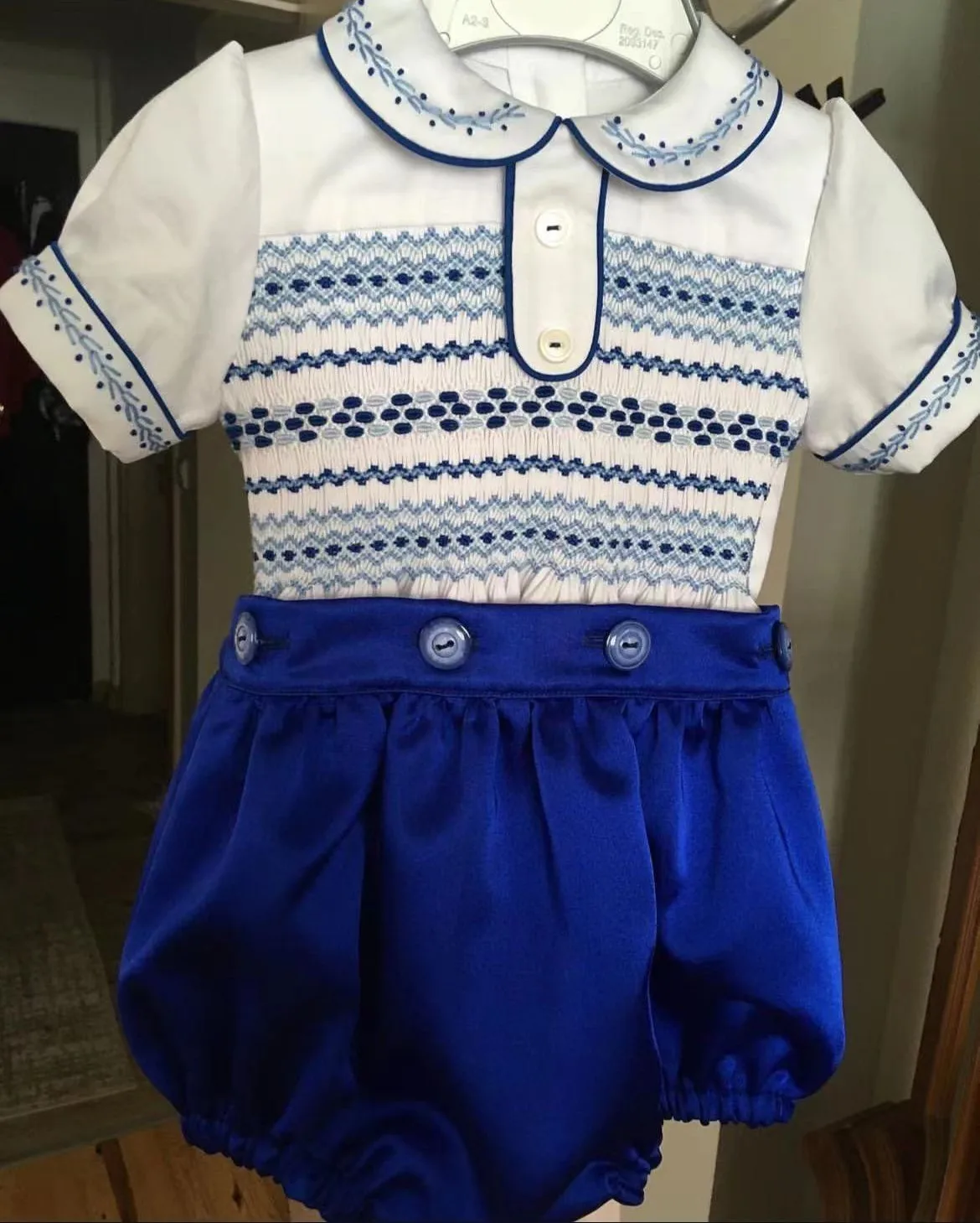 

0-6Y Boy Summer Smocked White Blue Outfit Suit