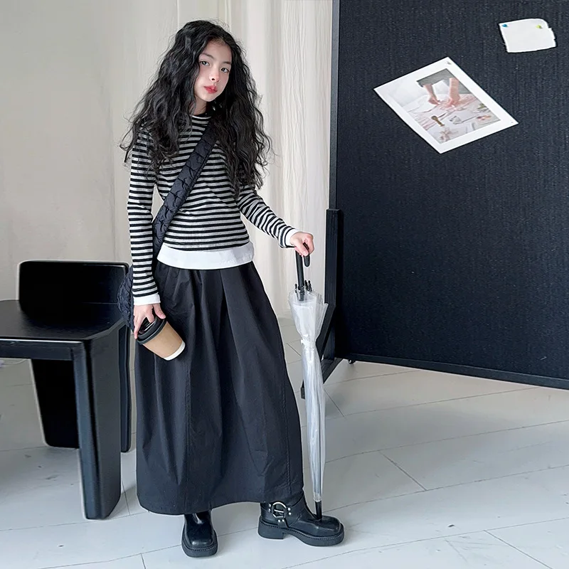 

Korean Teenager Girl 2pcs Outfit Junior Girl Striped Patchwork Round Neck Top Children Girl Elastic Waist Skirt 4-14Y Girl Set