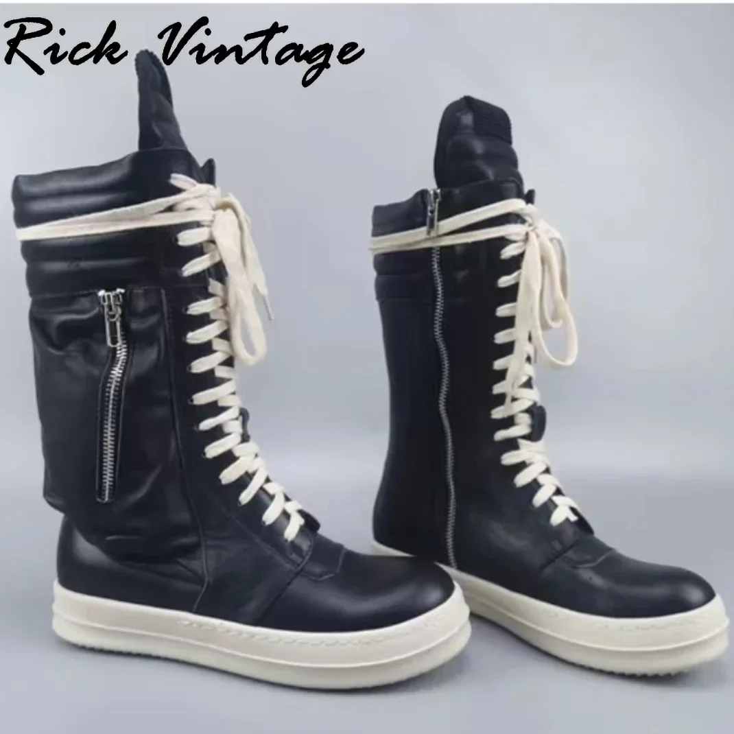 Rick Vintage Men's Motorcycle BootsคุณภาพหนังHigh Street Casualรองเท้าหนารอบToe Lace-Upลูกวัวรองเท้าUnisex