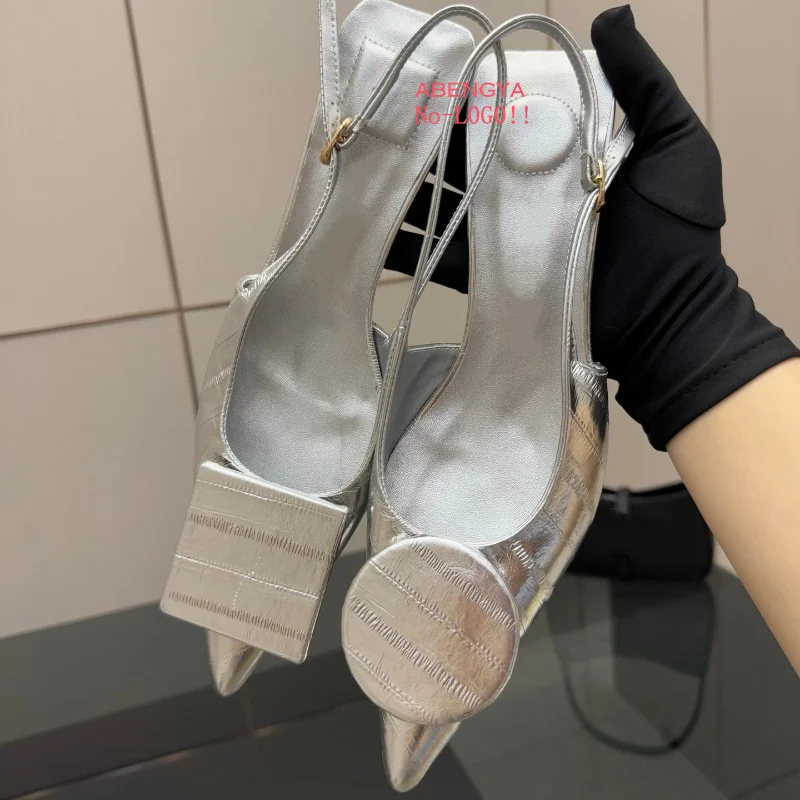 Hot Sale Square Circle Leather Kitten High Heel Shoes Women Pointy Toe Slingback Mules Dress Shoes Summer Sexy Party Shoes Women