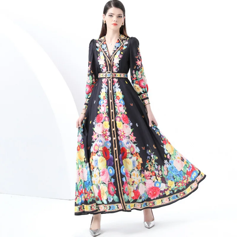 

2025 Early Spring New Women's Retro Vacation Style Notched Collar Long Sleeve Flared Print Maxi Dress A001