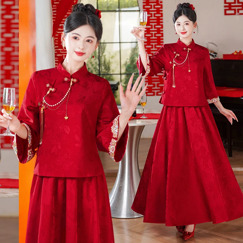 New Chinese Style Wedding  Set with Embroidered Semi-skirt And Stand Collar Heavy Work Side Button Floral Print Top
