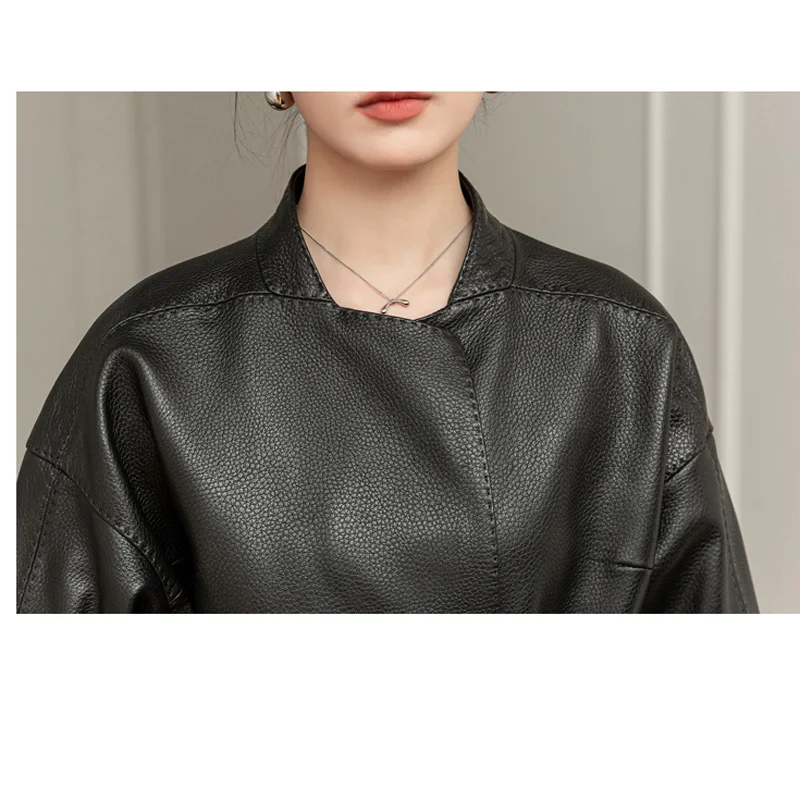 Women Clothing Elegant Female Genuine Leather Coat Round Neck Pleated Belt  Jackets Streetwear Black Office Lady