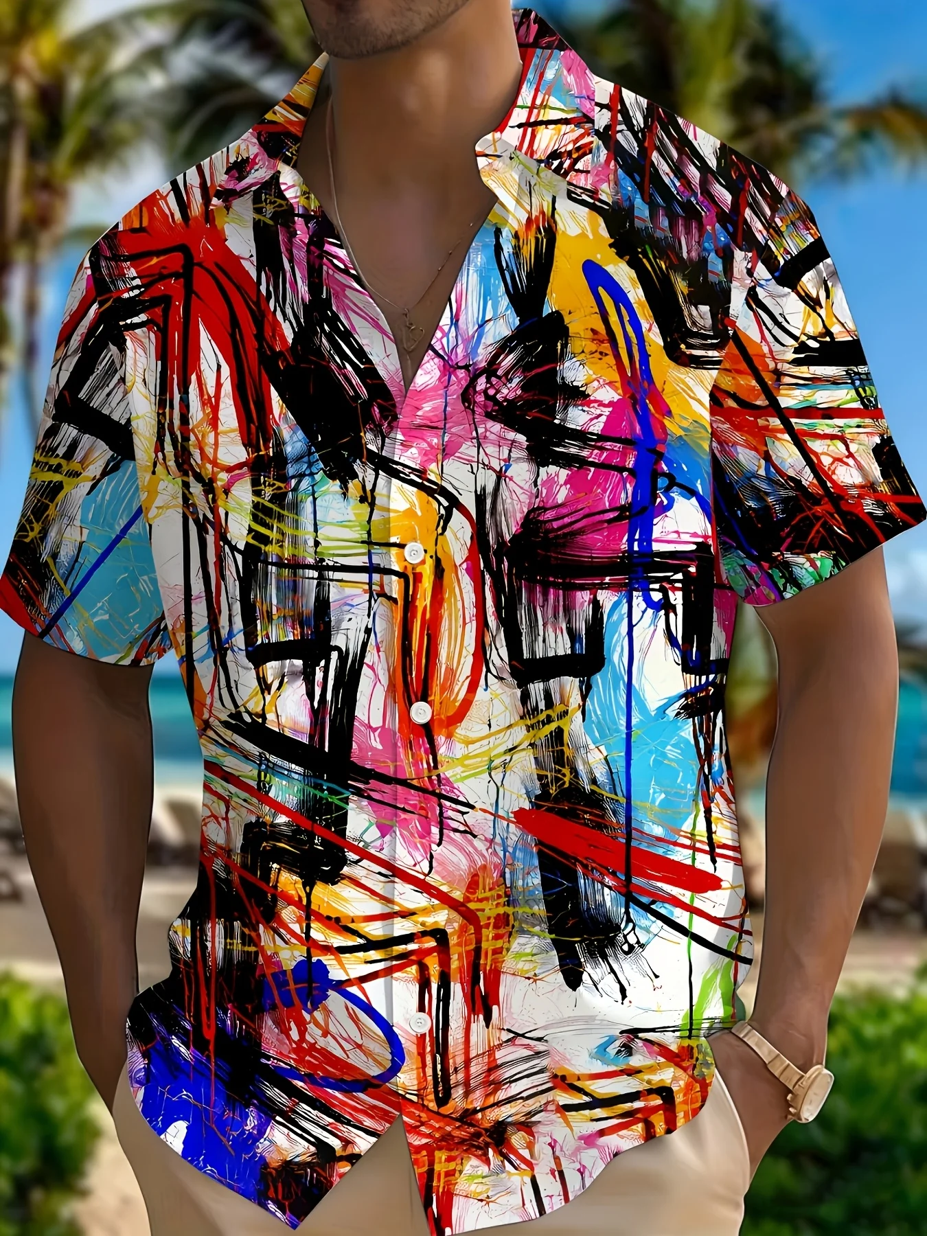 Summer Sci-Fi Art-Themed Men's Shirt with High-Saturation Colored Lines, Graffiti, 3D Print, Beach Vacation Casual Shirt