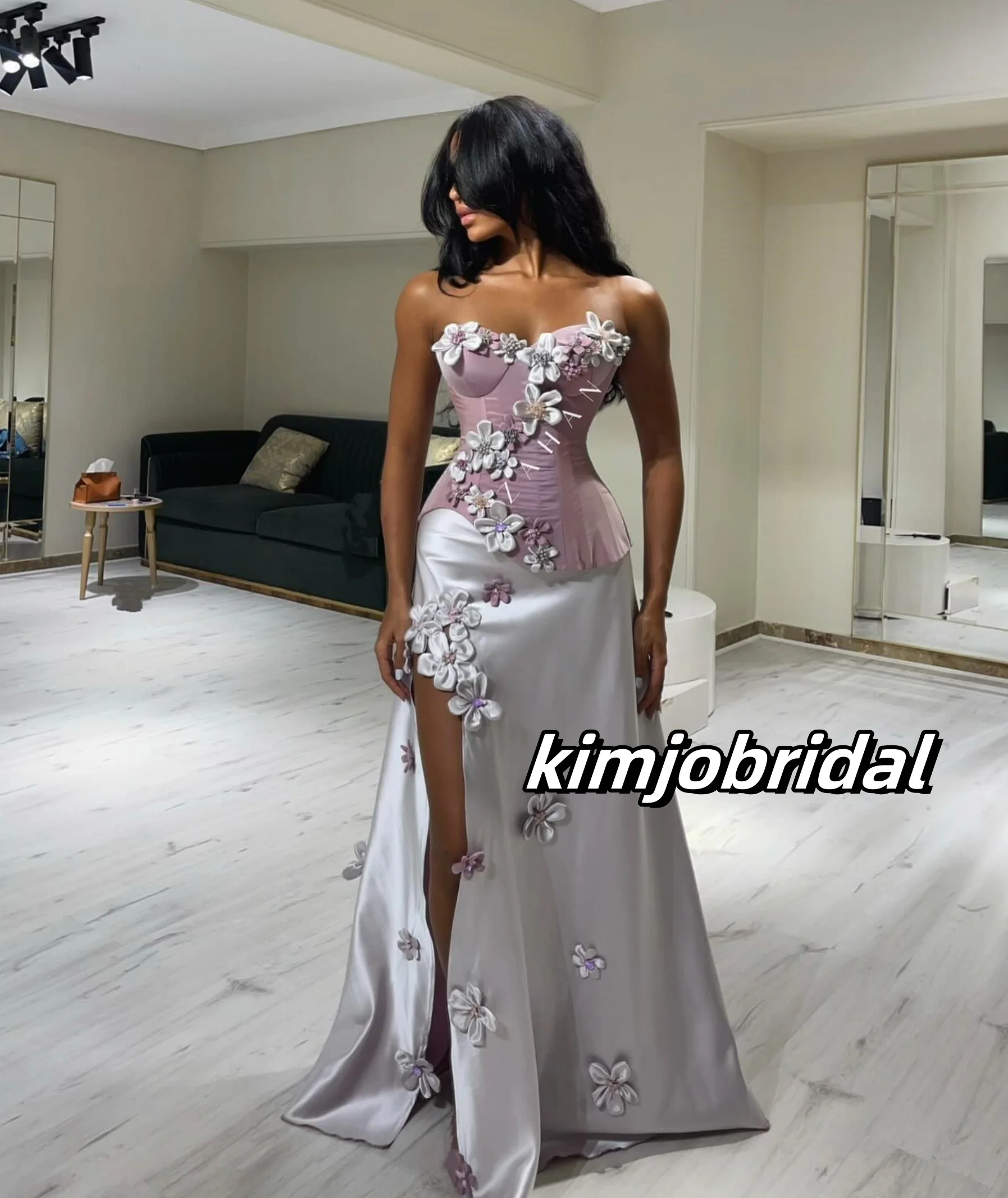 

Mermaid Satin 3D Flowers Prom Dresses Long for Arabic Women 2025 with Slit Sweetheart Neckline Formal Evening Gowns