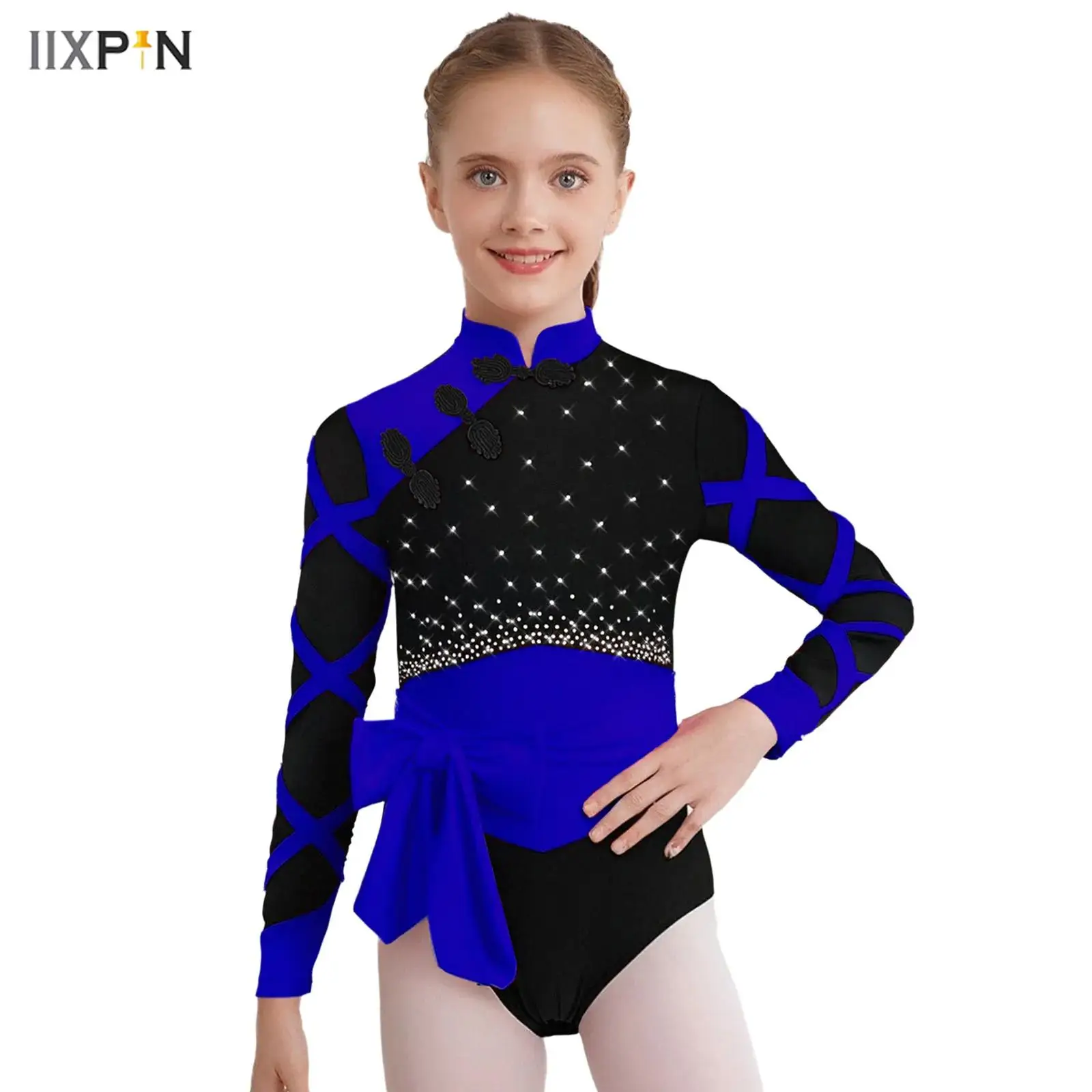 Crianças meninas estilo chinês ginástica collant nó botão gola mandarim manga longa strass cor bloco dança unitard + cinto