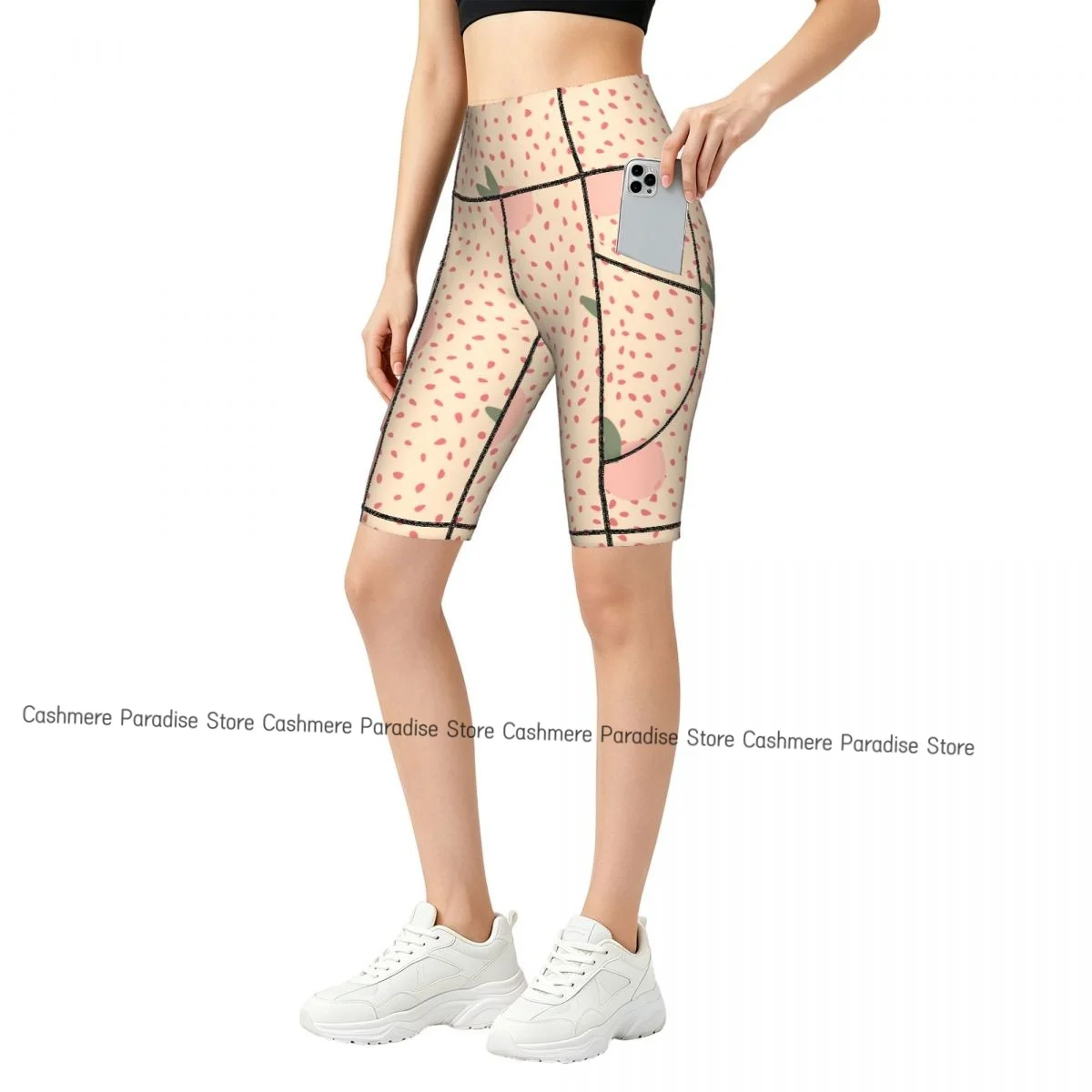 Double Pocket Sports Shorts Women Elastic Slim Polka Dot Strawberries Shorts Gym Exercise Running High Waist Yoga Fitness Shorts