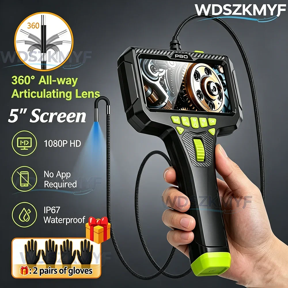 

5 Inch Portable Industrial Endoscope 6mm 360° Rotatable Lens IP67 Waterproof LED Borescope For Car Engine Pipeline Check