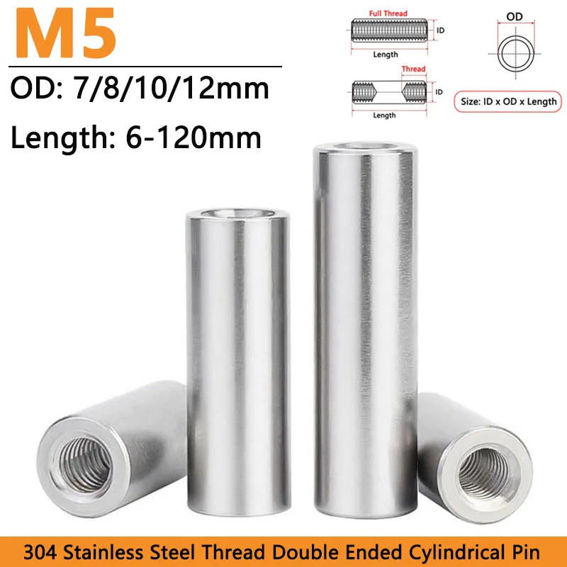 M5 Female Thread Double Ended Cylindrical Pin 304 Stainless Steel Locating Dowel Pin Both Ends with Hole Column Length 6-120mm