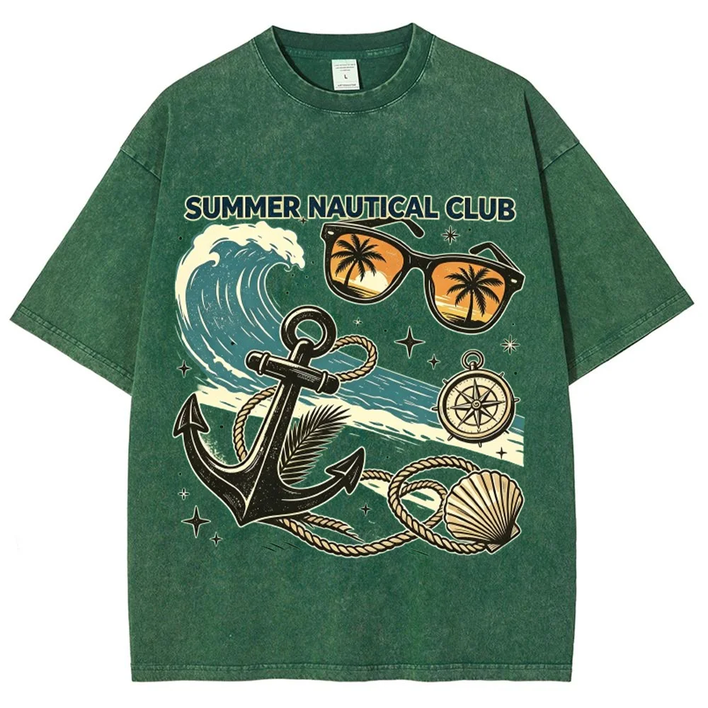 Men Summer Nautical Club Graphic T Shirt Vintage Ocean Wave Anchor Sunglasses Compass Seashell Print Casual Streetwear Top ﻿
