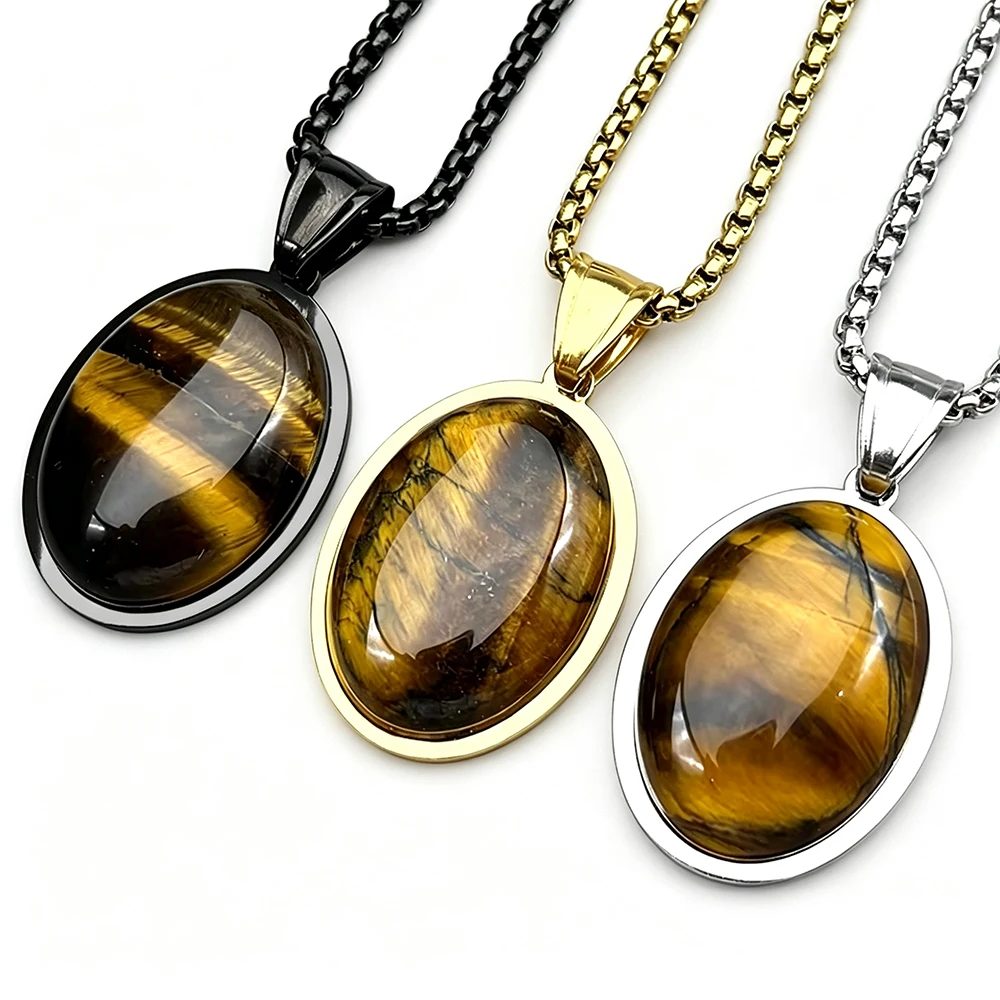 Natürliche Tigerauge-Stein-Halskette, Ovaler Anhänger, Edelstahlkette für Frauen und Mädchen, Trendige Einfache Eleganz-Schmuckstücke