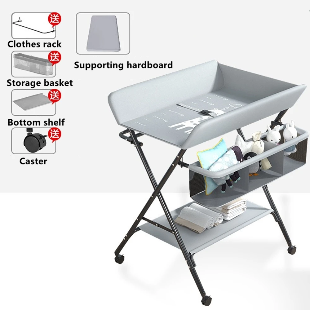 

Baby Changing Table, Portable Folding Diaper Changing Station with Wheels, Adjustable Height Nursery Organizer with Safety Belt