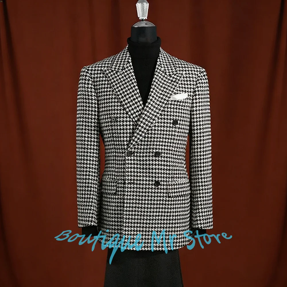 

Luxury Men's Houndstooth Suits Double Breasted Blazer Formal Business Casual 2 Pieces Jacket Pants Set for Wedding Party