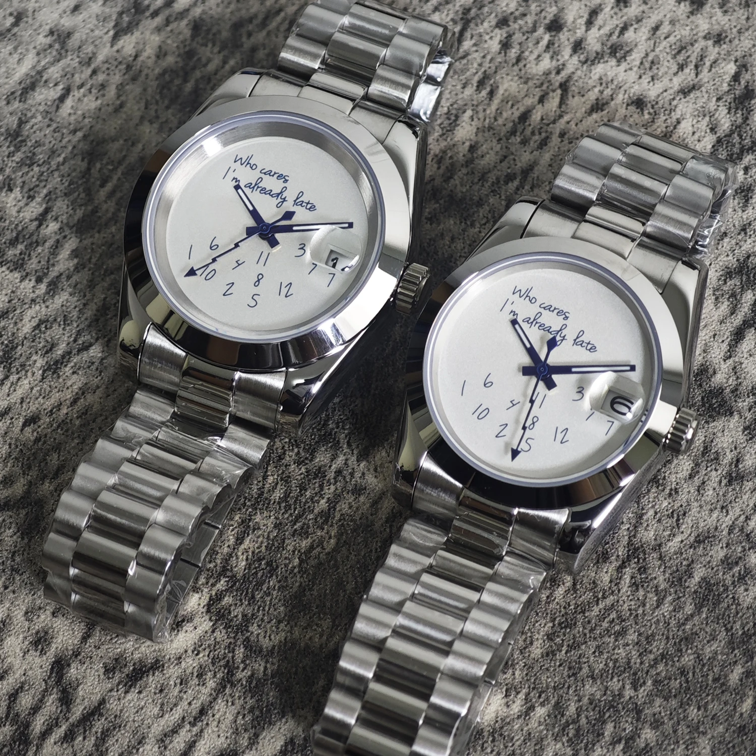 

39/36mm NH35 Watch Blue Dials Who cares I'm already late Silver Sapphire Glass NH35 Automatic President Strap No Movement