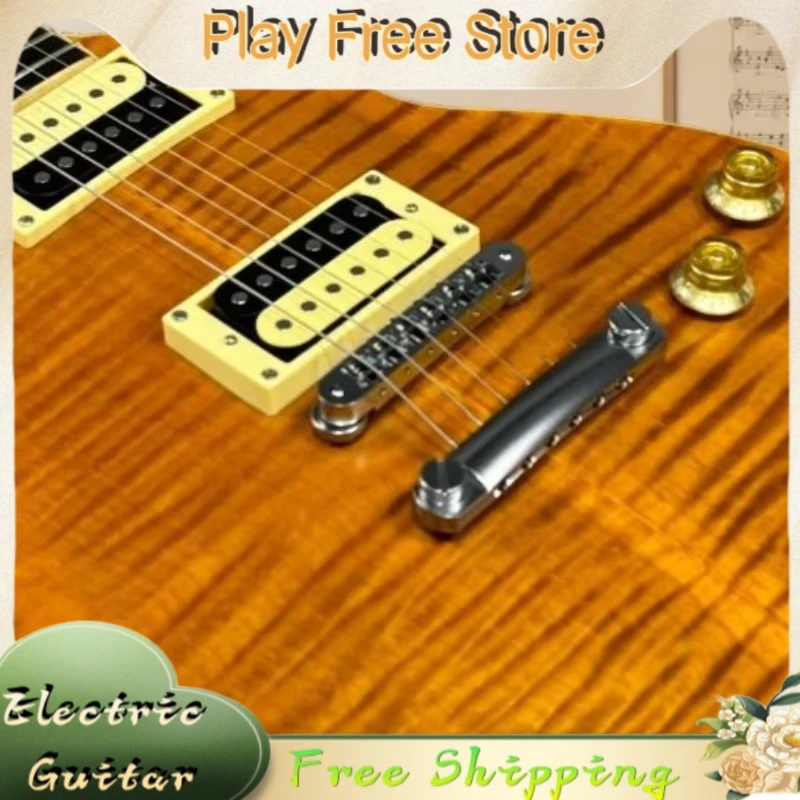 Amber Flame Top LPS Style Electric Guitar Dual Humbucker Vintage Solid Body Rock Guitar Free Shipping Hot Sale New