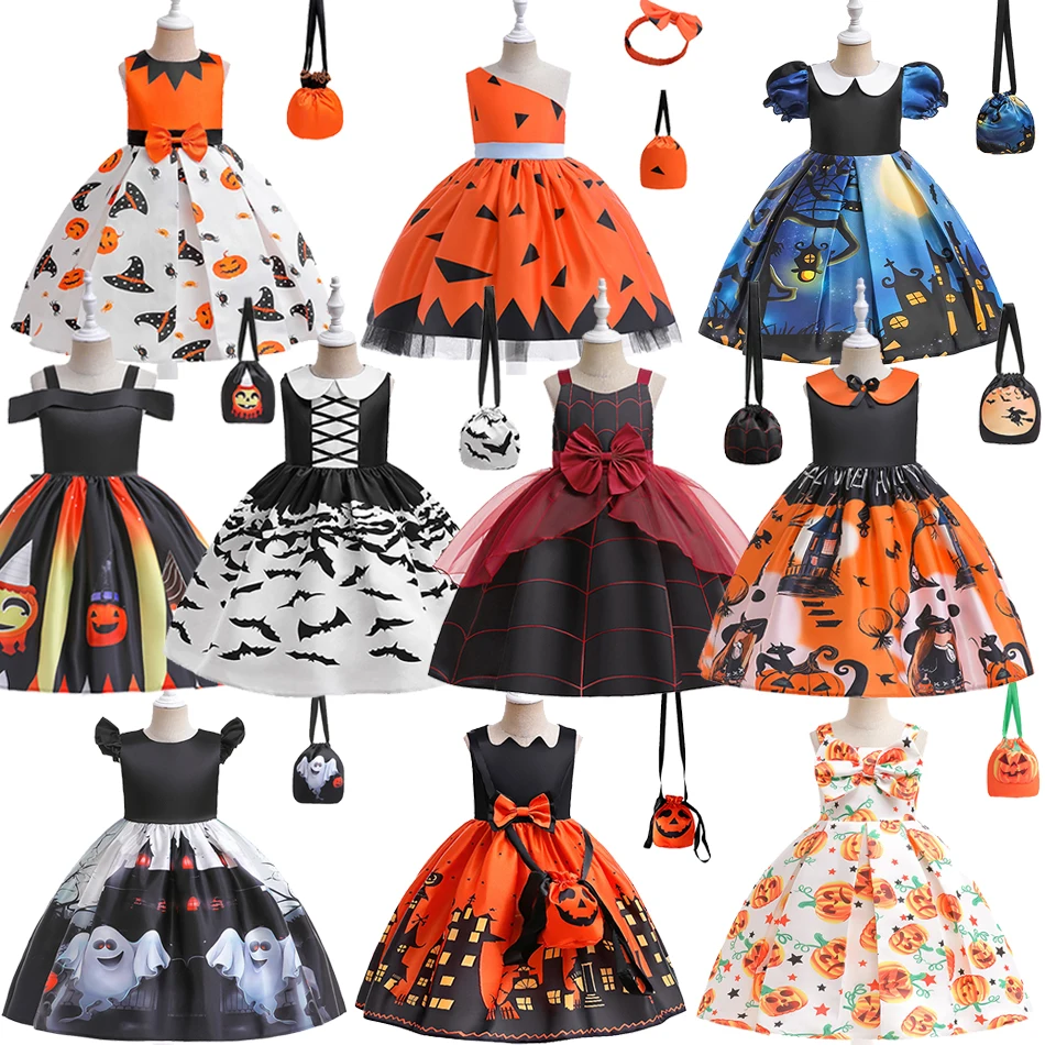 Kids Halloween Cosplay Party Costume Girls Cartoon Pumpkin Ghost Print Dress With Bag Children Witch Role Play Bowknot Vestidos