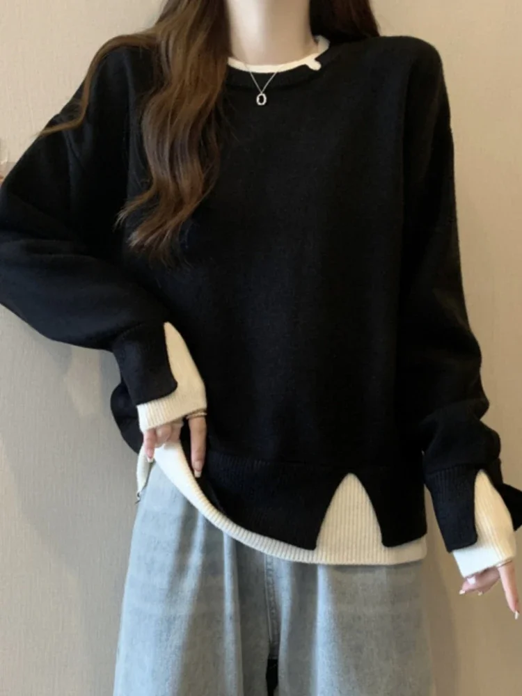 

Korean Fashion Pullovers Plus Size Fake Two Piece Patchwork Contrast Color Sweaters Vintage All Match Design Women Clothing 2024