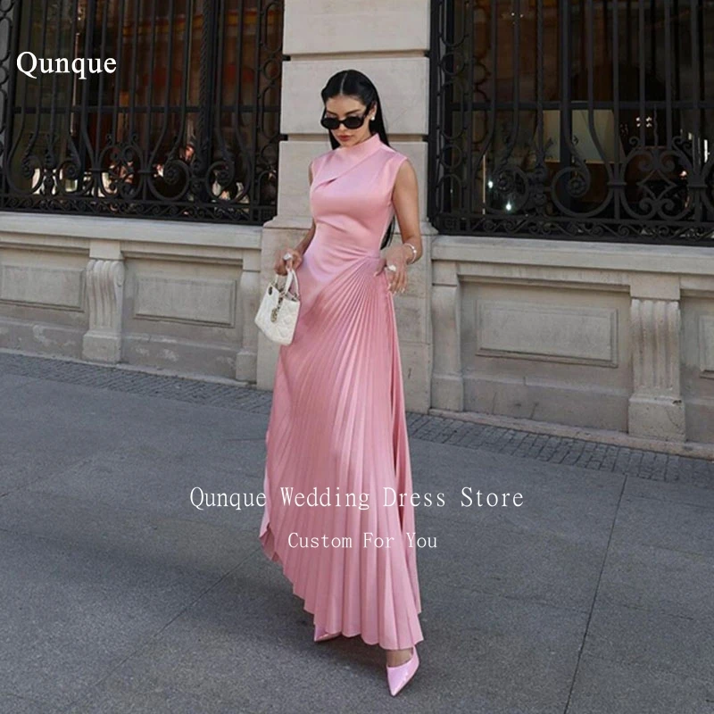 Qunque Customized Rose Pink Prom Dress Satin Party Dresses Arabic Mermaid Pleat Vestido Gala Vestidos Para Eventos Especiales