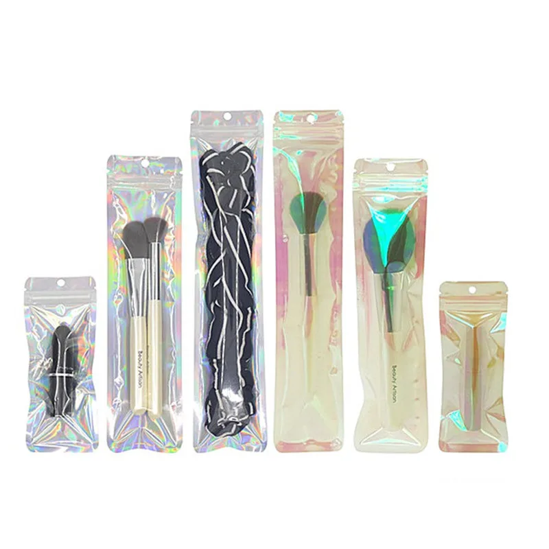 100PCS Long Hologram Hang Hole Self Sealing Ziplock Bag Fishhook Wire Data Cable Cosmetics Pen Mascara Jewelry Watchband Pouches