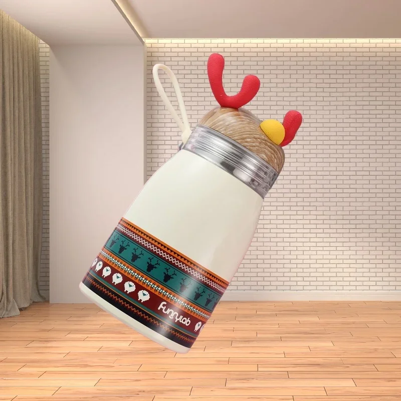 

Портативная изолированная чашка с мультяшной ручкой и рождественским оленем из нержавеющей стали 304, подходит для студентов