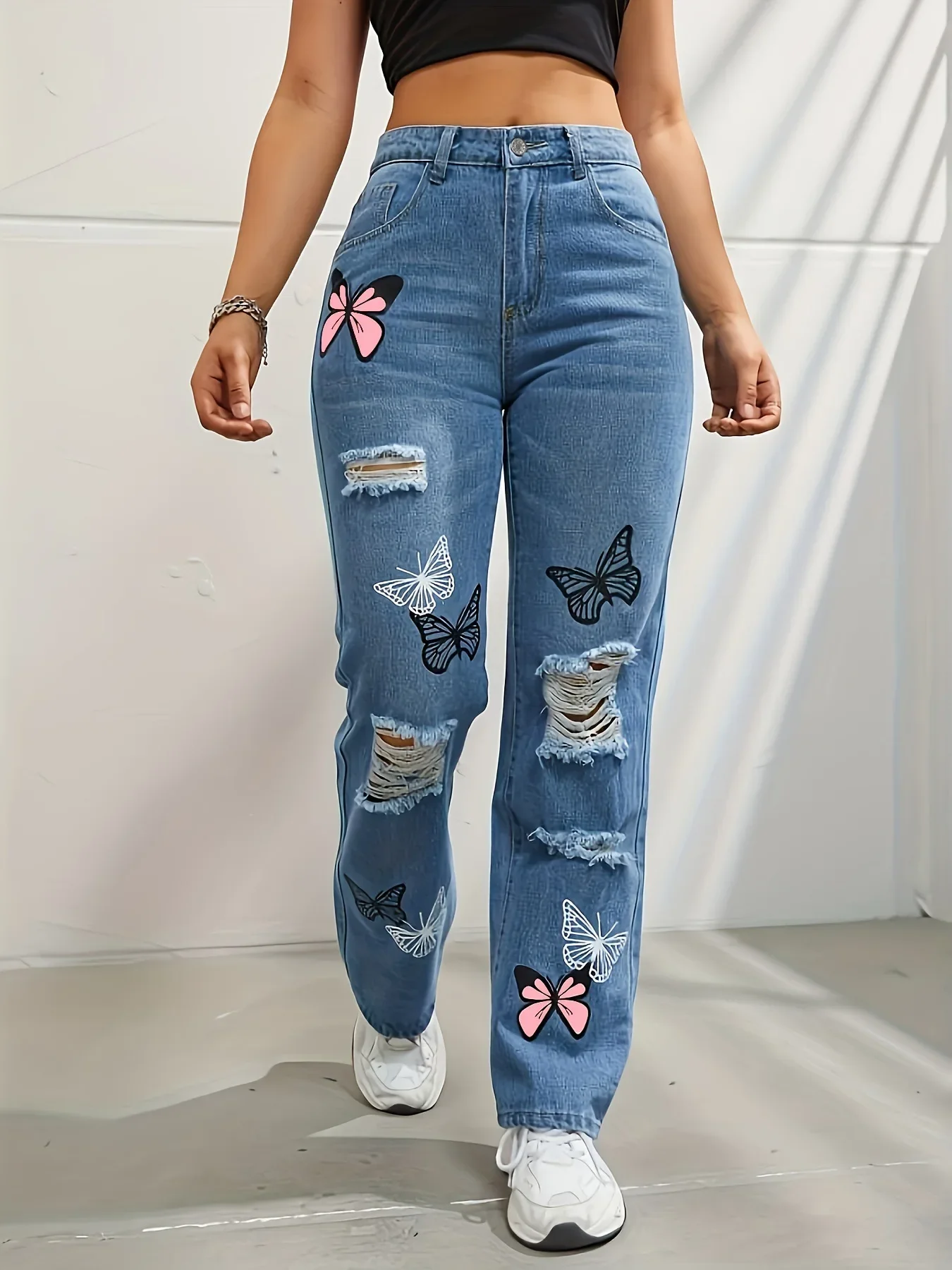 Butterfly Printing Denim Trousers Women Holes Jeans Straight Pants High Waist Loose Fit Vintage  Casual Distressed Denims