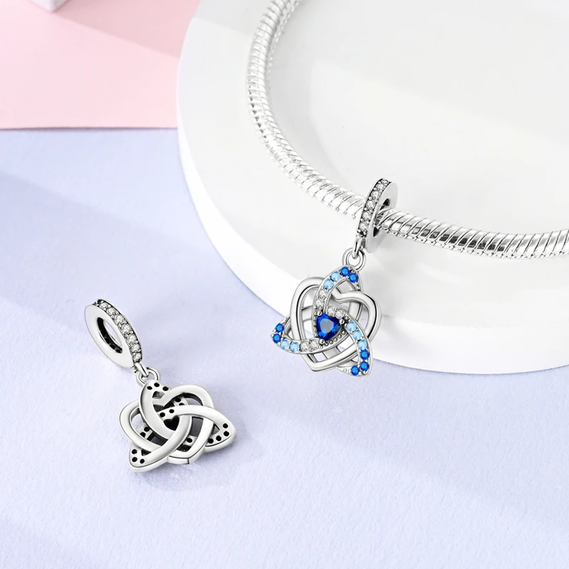 925 Sterling Silver Sea Blue Celtic Cross&Guardian Flower Angel Love Dangle Charm Fit DIY Bracelet Necklaces Jewelry