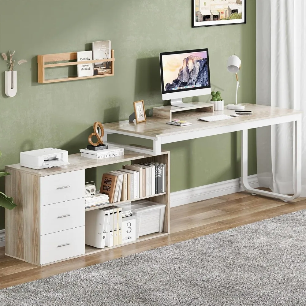 Home Office Computer Desk with 3 Drawers and Storage Shelves, 55 Inch Large L Shaped Desk with Drawers & Removable Monitor Stand