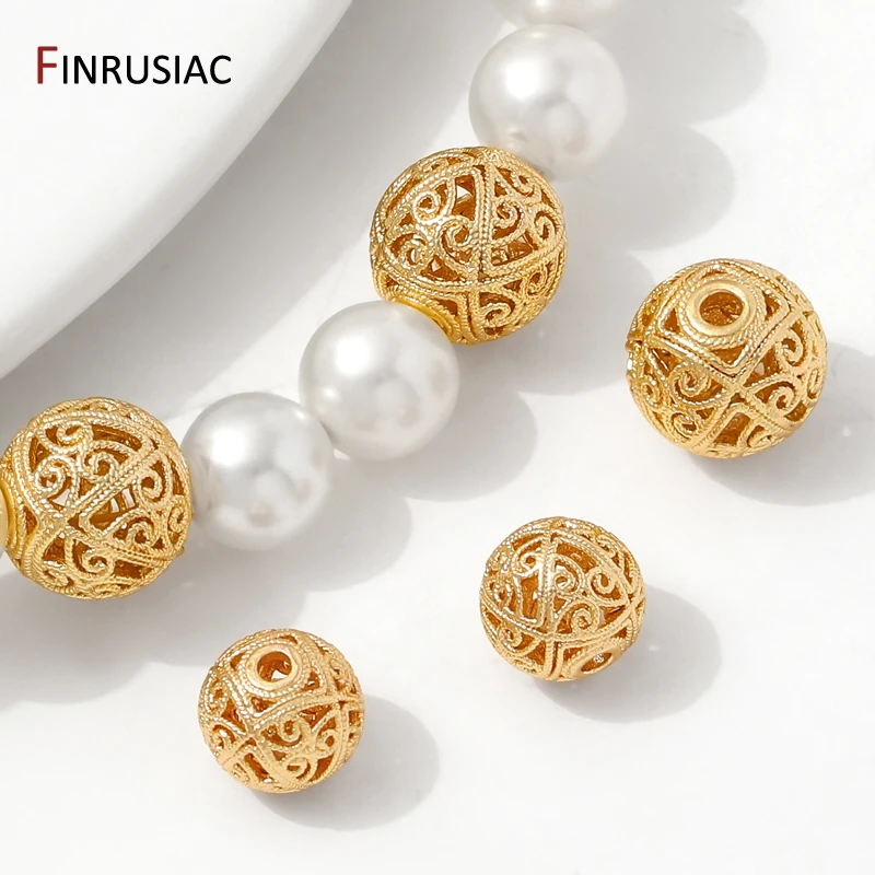 14K Gold Plated Brass Round Hollow Out Large Spacer Beads For Bracelet Making,Separators for Beads,DIY Jewelry Accessories