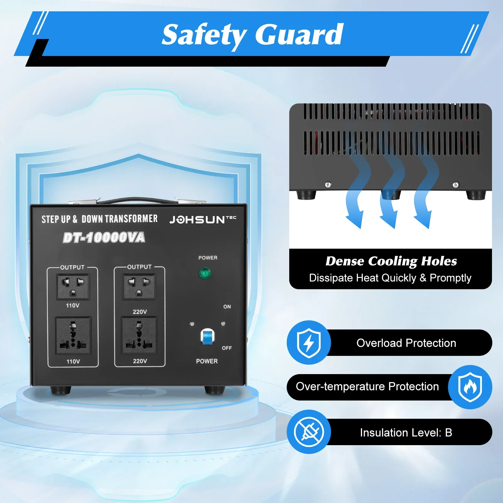 محول جهد DT-10000VA 10KVA - منظم جهد تنحى 110 فولت/220 فولت مع 4 منافذ، طاقة 8 كيلو وات