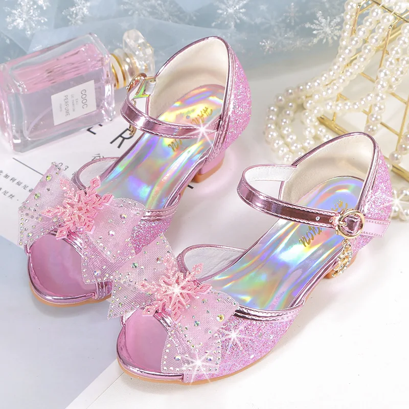 

Summer Girls Sandals Fashion Rhinestone High Heels Shiny Glitter Dance Party Shoes Children Princess Bow Crystal Wedding Shoes