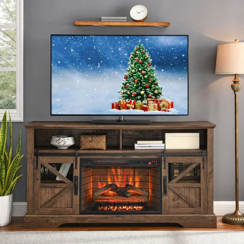 

Fireplace TV Stand with 3D Flame Effect and Door Sensor, Entertainment Center with 26 Inch Fireplace, Fits Up To 65 Inch TVs