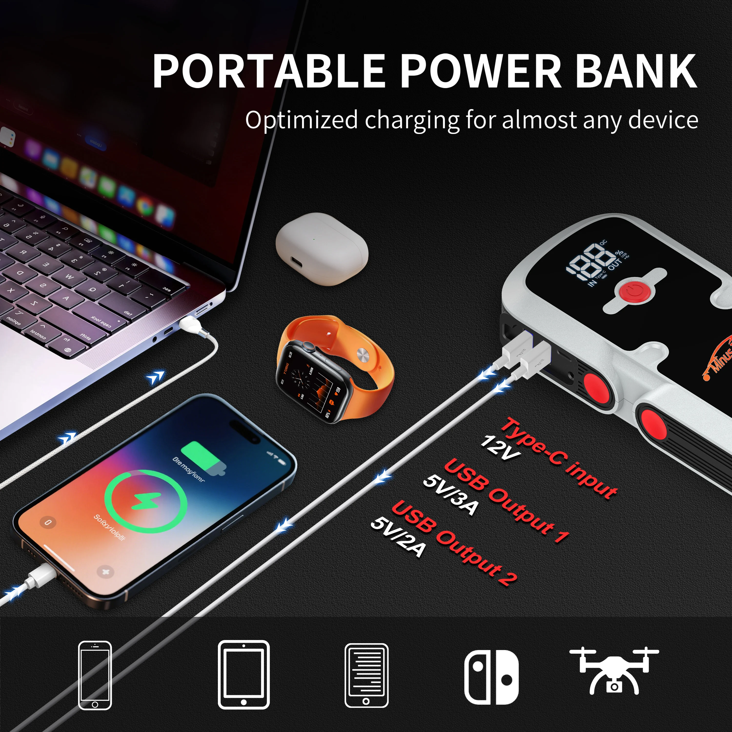 All Engine Portable Jump Starter, Car Battery Booster Power Bank, USB Fast Charging & LED Flashlight Emergency Kit
