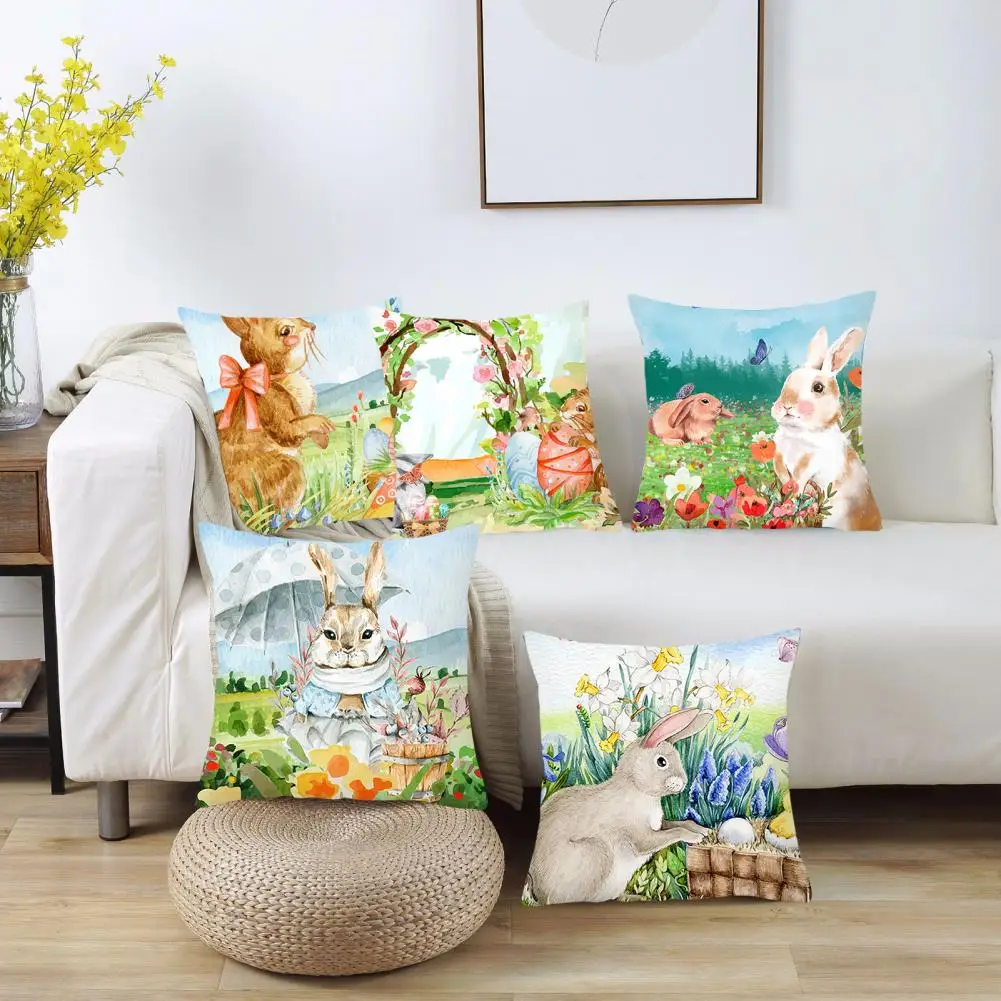 Durable Easter Pillow Cover  Breathable Multipurpose Easter Bunny Pillow Cover  Spring Easter Cartoon Bunny Pillow Cover