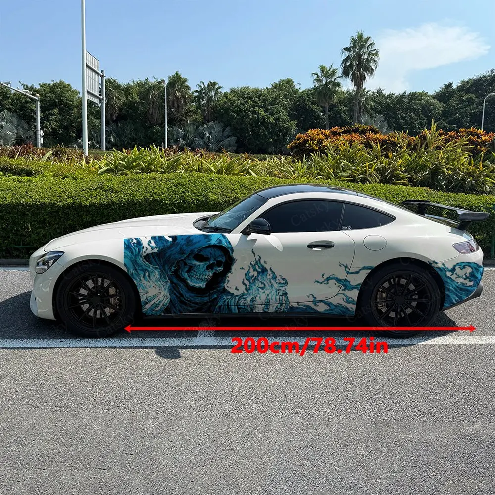 2pcs Mystic Blue Ghost Fire Reaper Car Side Wraps, Self-Adhesive PVC Waterproof & Scratch-Resistant Stickers, Car Accessory Gift