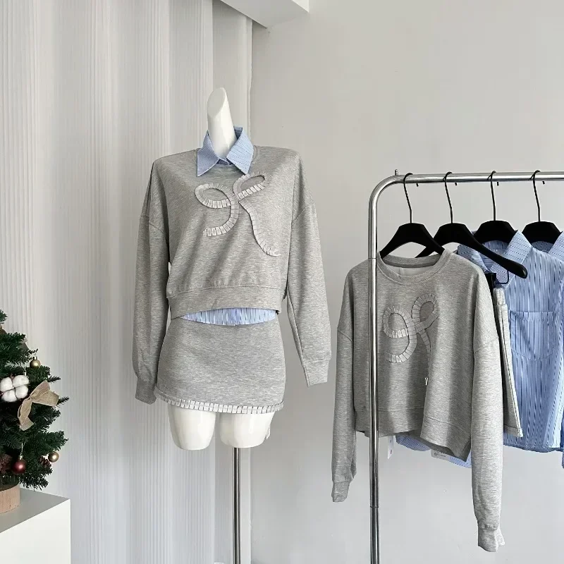 

2024 Autumn New Korean Fashion Three Piece Skirt Sets Long Sleeve O Neck Pullover Sweatshirt + Striped Shirt + A Line Mini Skirt