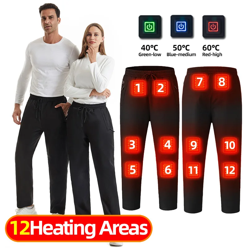 Pantalones calefactables de 12 áreas para hombres y mujeres, pantalones autocalentables eléctricos USB para senderismo al aire libre, pantalones calefactables para nieve, pantalones calefactores