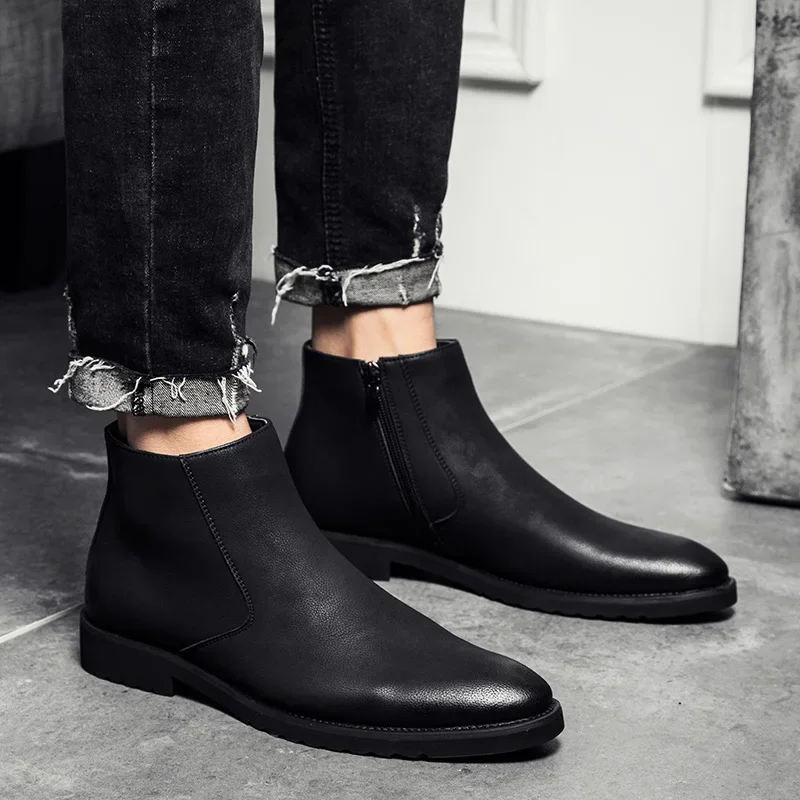 British Style Chelsea Boots Men Casual Slip on Ankel Boots Business Dress Leisure cotton Shoes Leather Male Basic plush Boots