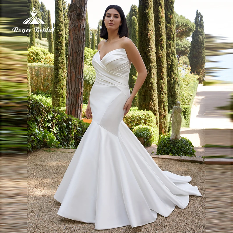 Robe de Mariée Sirène en Satin pour Femme, Simple, Sexy, Col en V, lèvent, Plis, Balayage, Grande Taille