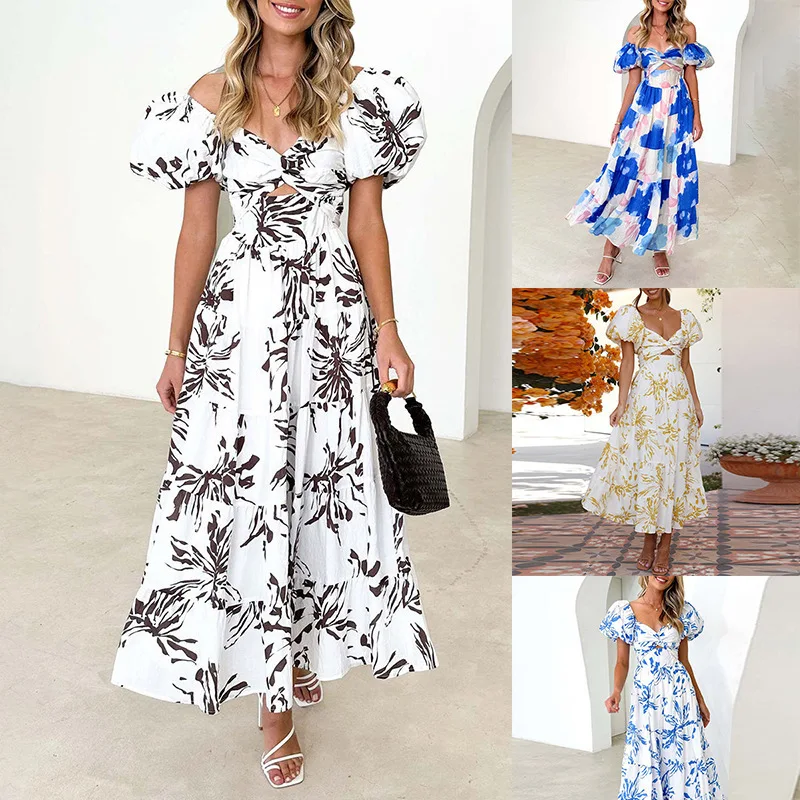 2024 New Women's Sweet Flower Off Shoulder Printed Bubble Sleeves Winter Dress For Women