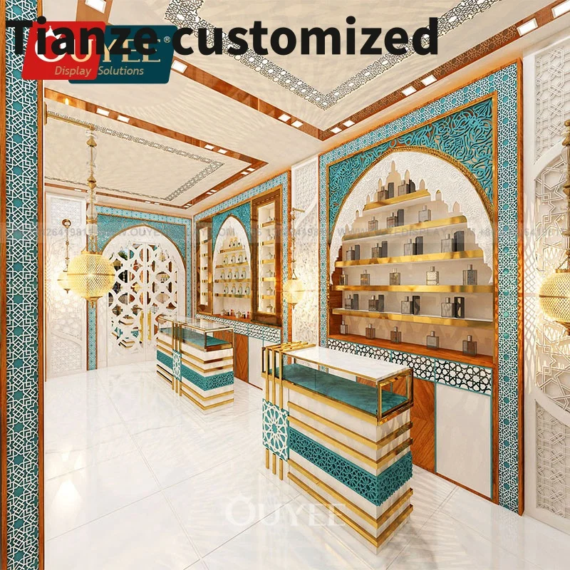 Customized-Luxury Perfume Shop Design Perfume Display Showcase Fragrance Store Display Shelf Arabic Style Wooden Perfume Display